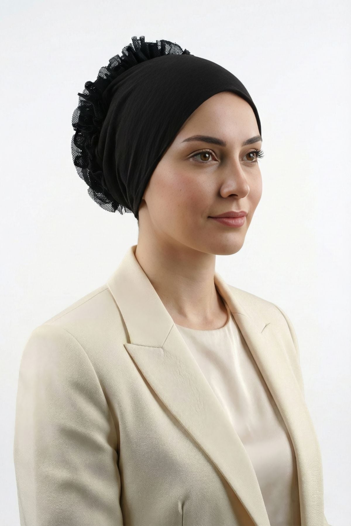 Pamuklu Fırfırlı Topuz Bonesi (Siyah - Kaymaz - Dikişsiz - Silikonlu)