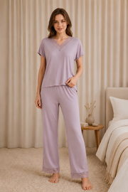 Vizon Kısa Kollu V Yakalı Lez Dantelli Viskon Pijama Takımı