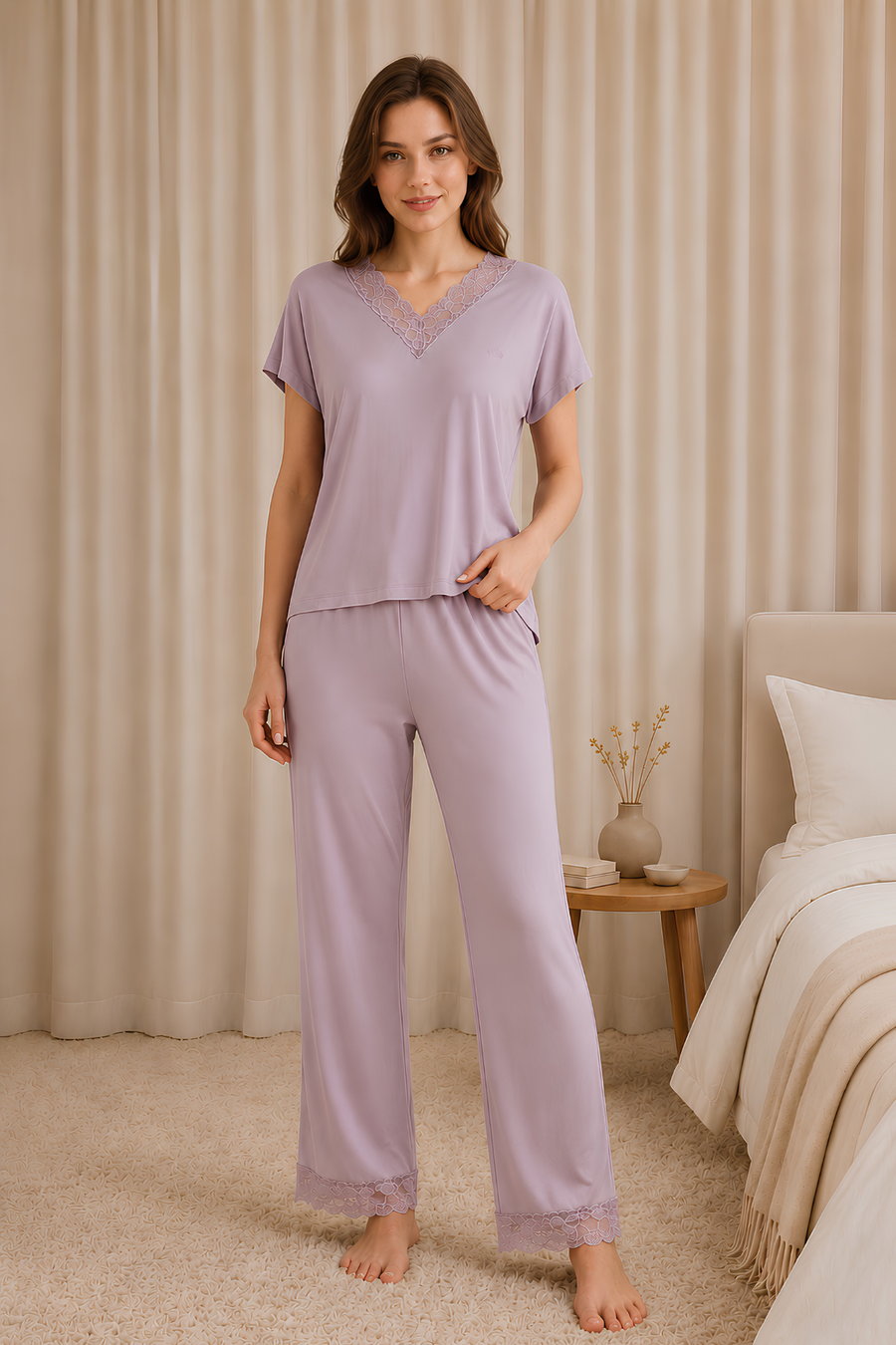 Vizon Kısa Kollu V Yakalı Lez Dantelli Viskon Pijama Takımı