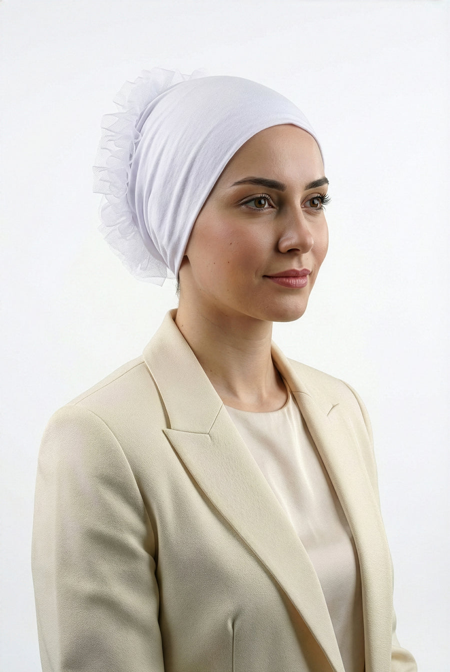 Pamuklu Fırfırlı Topuz Bonesi (Kaymaz - Dikişsiz - Silikonlu - Beyaz)