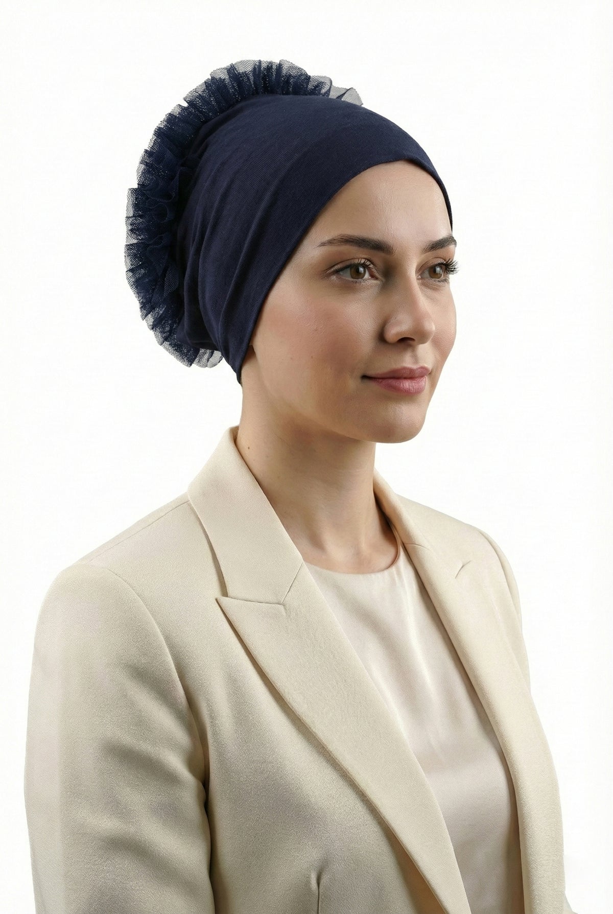 Pamuklu Fırfırlı Topuz Bonesi (Lacivert - Kaymaz - Dikişsiz - Silikonlu)