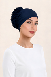 Pamuklu Fırfırlı Topuz Bonesi (Lacivert - Kaymaz - Dikişsiz - Silikonlu)