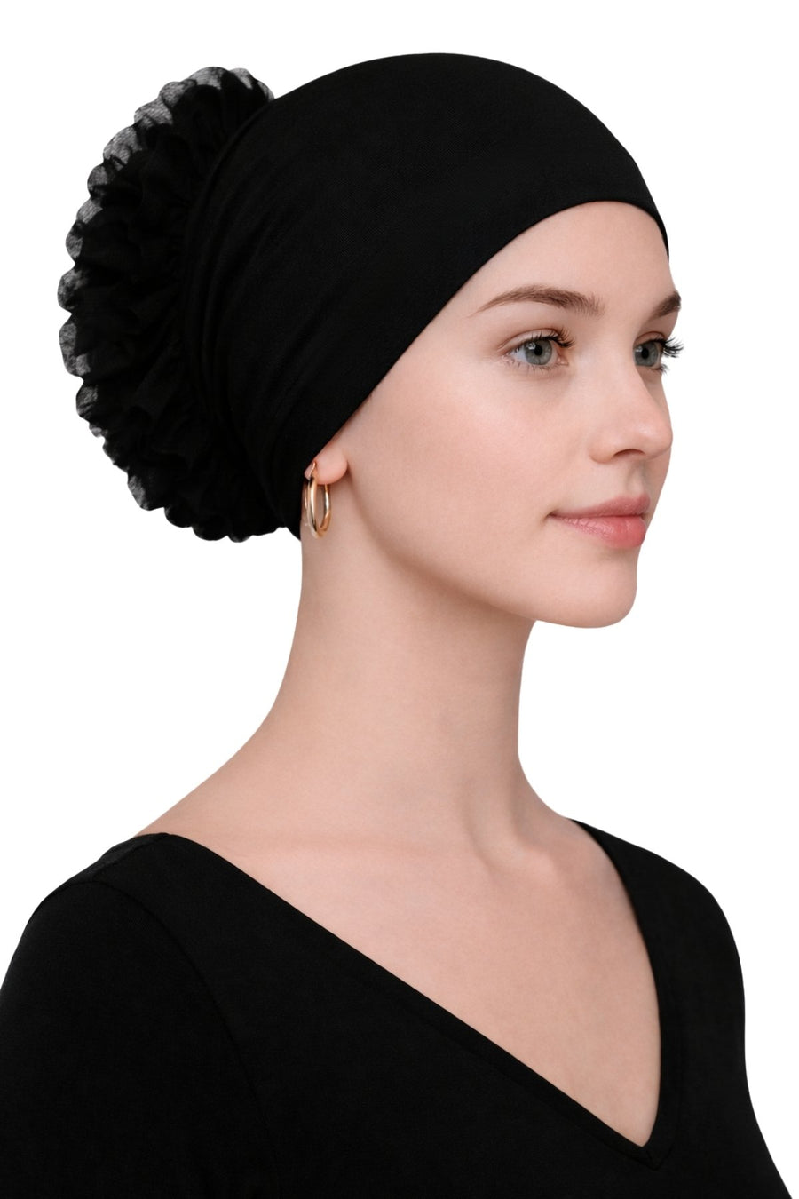 Dikişli Fırfırlı Topuz Bonesi ( Siyah - Pamuklu - Kaymayan Tasarım )