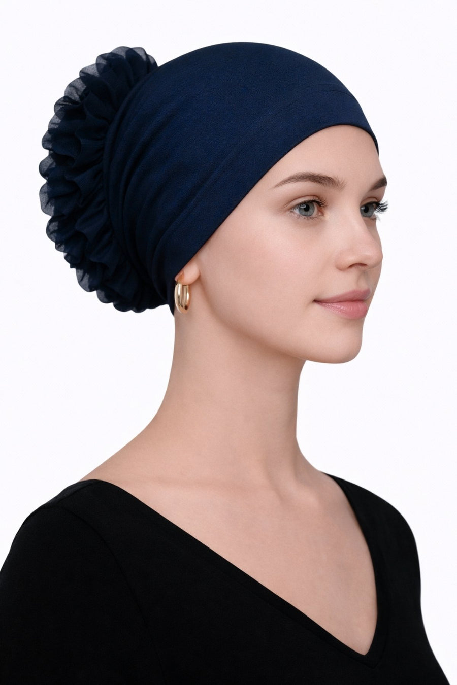 Dikişli Fırfırlı Topuz Bonesi ( Lacivert - Pamuklu - Kaymayan Tasarım )