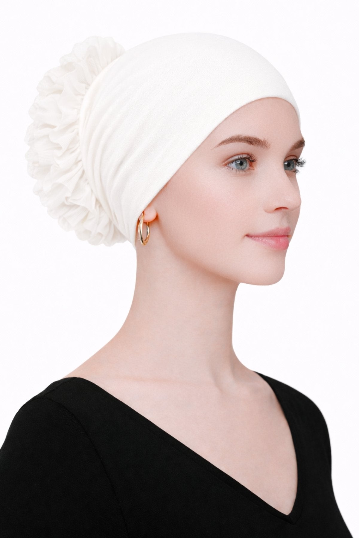 Dikişli Fırfırlı Topuz Bonesi (Ekru - Pamuklu - Kaymayan Tasarım )