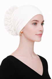 Dikişli Fırfırlı Topuz Bonesi (Ekru - Pamuklu - Kaymayan Tasarım )