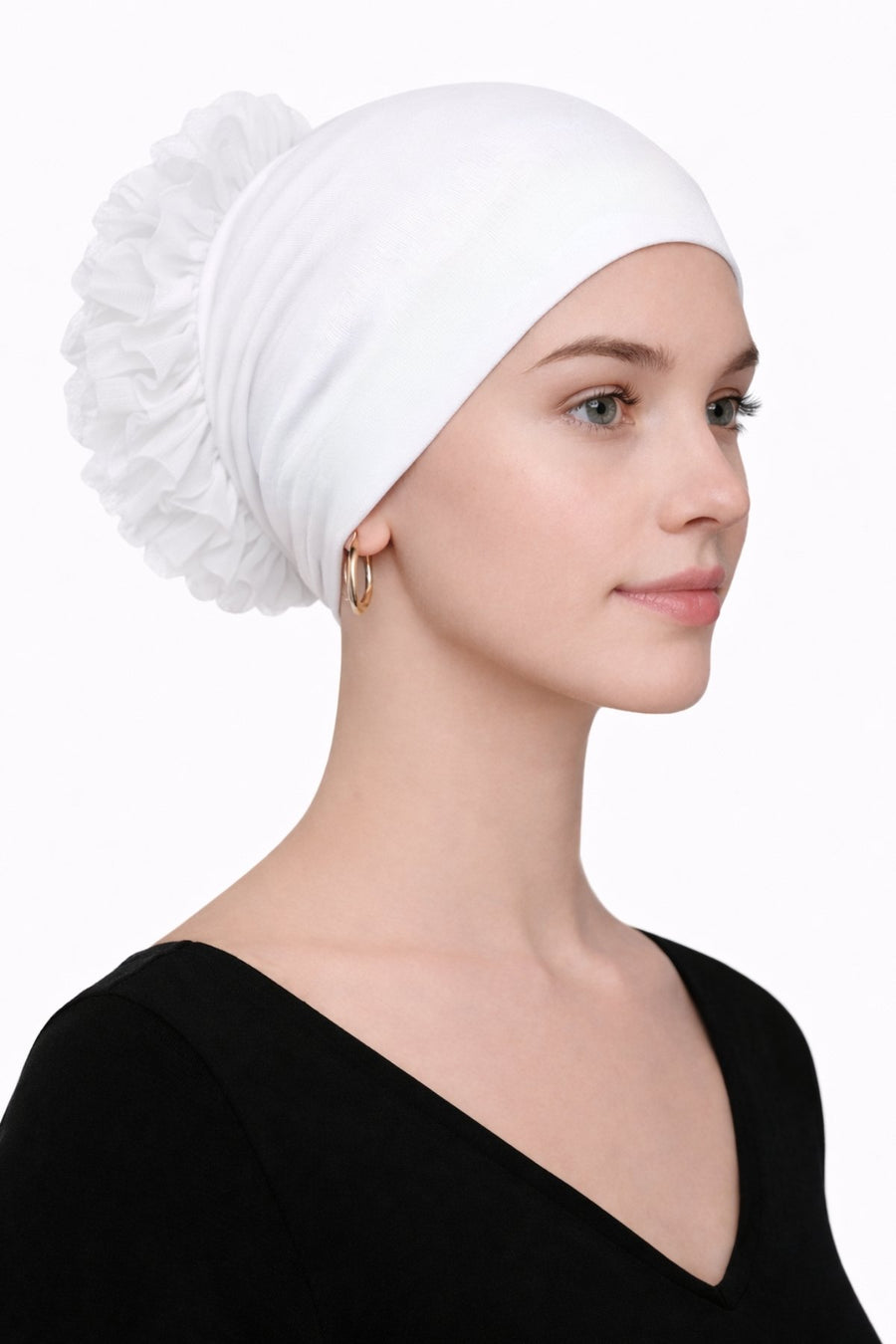 Dikişli Fırfırlı Topuz Bonesi ( Beyaz - Pamuklu - Kaymayan Tasarım )