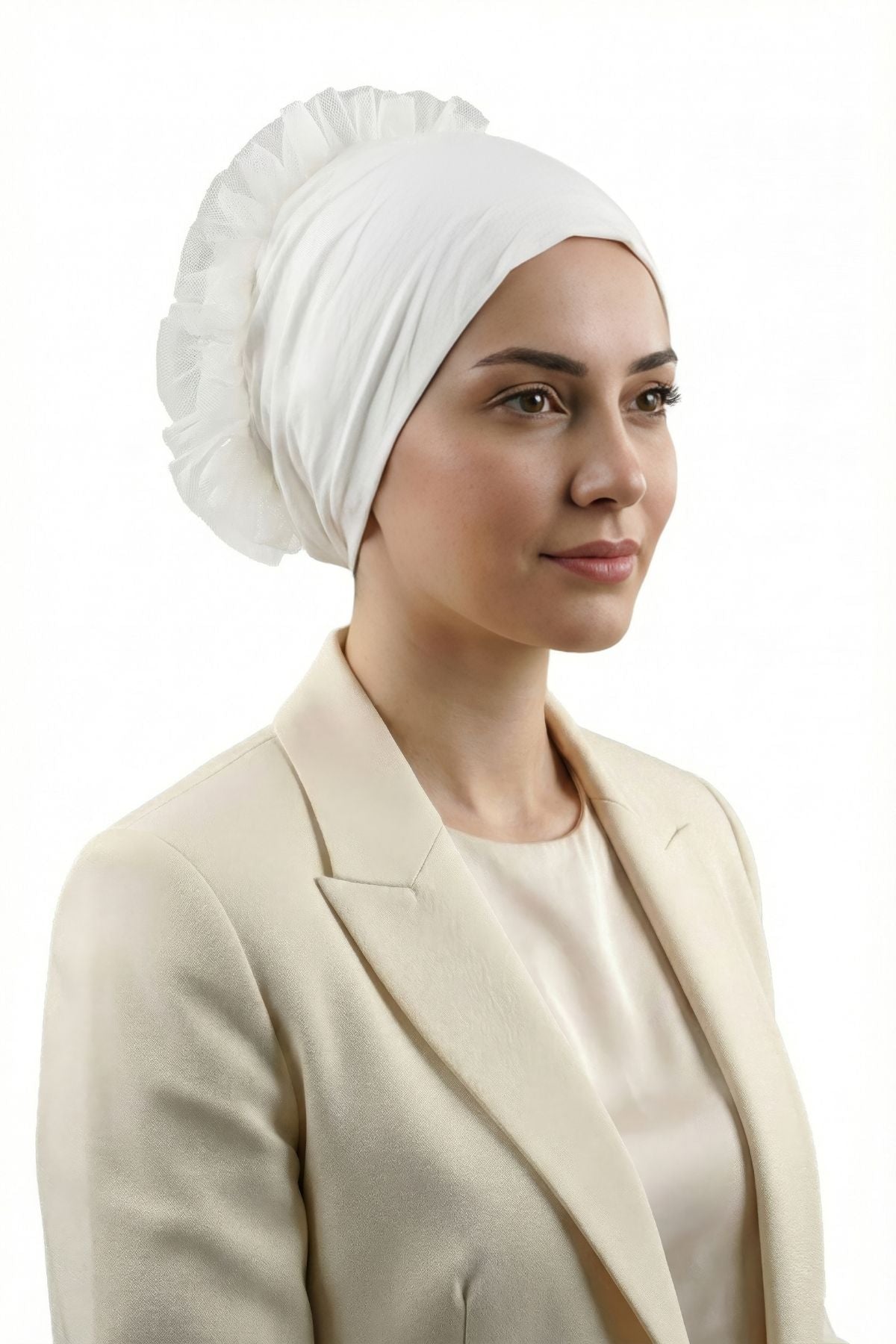 Pamuklu Fırfırlı Topuz Bonesi (Ekru - Kaymaz – Dikişsiz - Silikonlu)