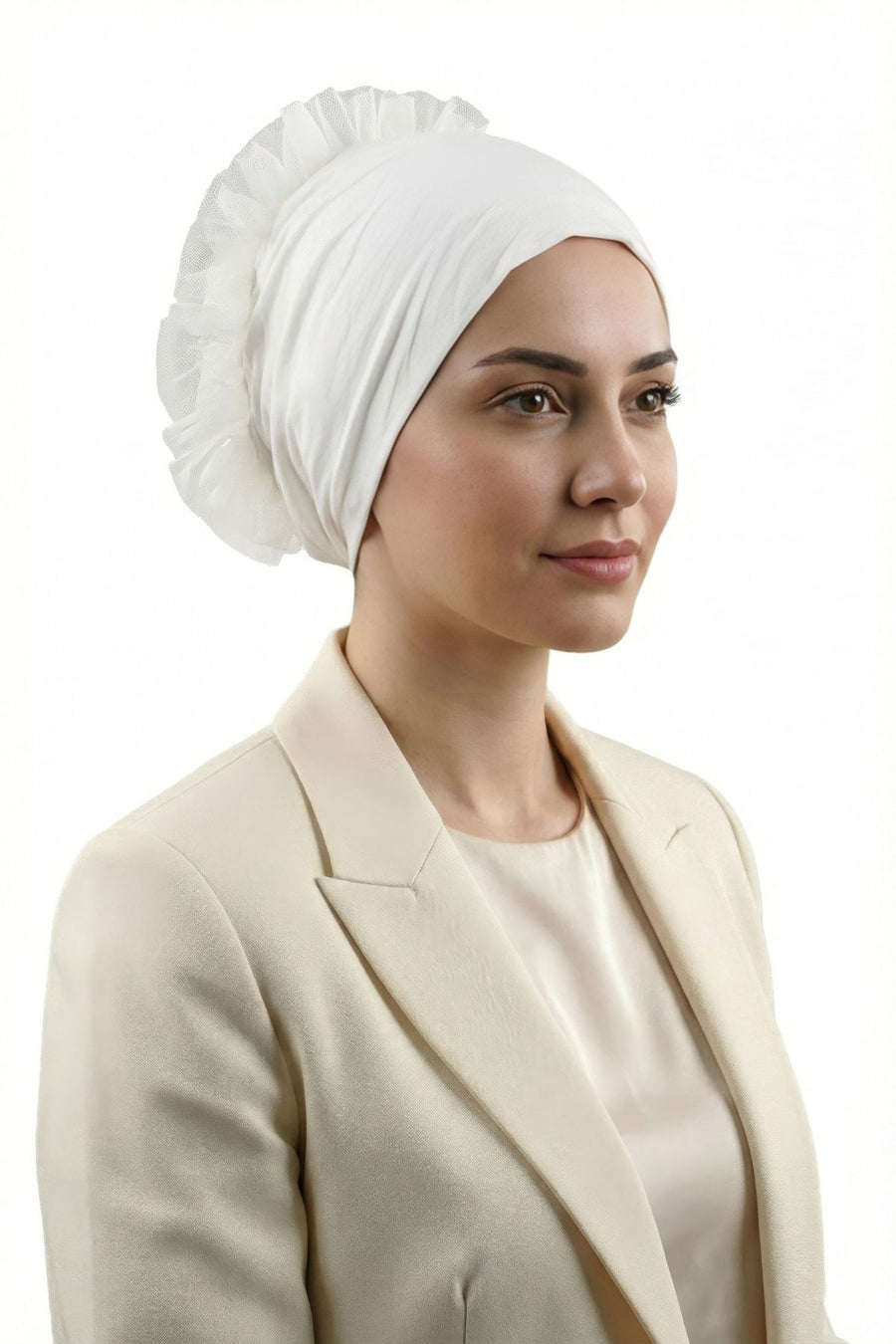 Pamuklu Fırfırlı Topuz Bonesi (Kaymaz – Dikişsiz - Silikonlu - Ekru)